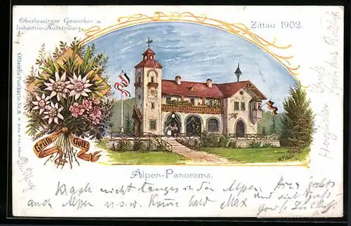 AK Zittau, Oberlausitzer Gewerbe- und Industrie-Ausstellung 1902, Alpen-Panorama, rückseitig Sondermarke