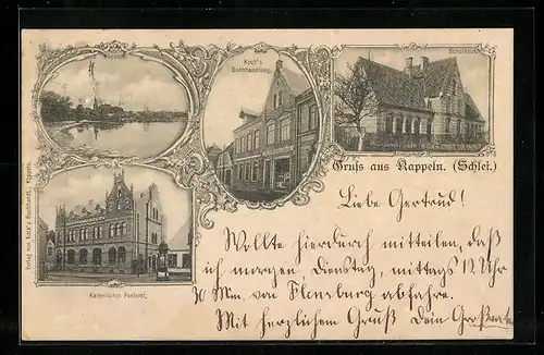 AK Kappeln /Schlei, Kaiserliches Postamt, Koch`s Buchhandlung und Schulhaus