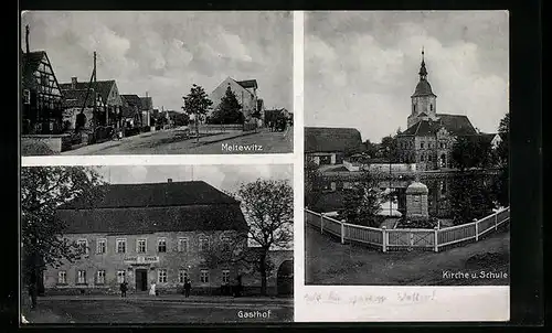 AK Meltewitz, Gasthof z. Hirsch, Kirche u. Schule