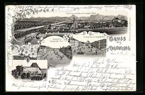 Lithographie Tittmoning, Burg aus der Vogelschau, Stadtplatz mit Burghausertor, Gesamtansicht