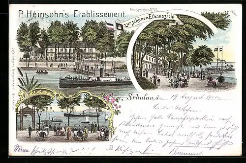 Lithographie Schulau, P. Heinsohn`s Etablissement Gastwirtschaft zur schönen Elbaussicht