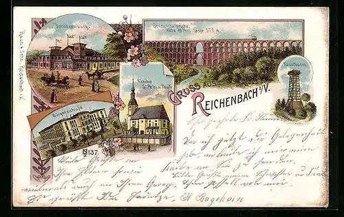 Lithographie Reichenbach i. V., Schützenburg, Bürgerschule, Gölzschthalbrücke