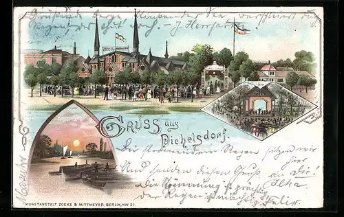 Lithographie Berlin-Pichelsdorf, Platz vor der Brauerei, Abendstimmung mit Segelbooten