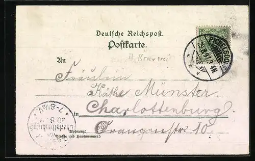 Lithographie Berlin-Pichelsdorf, Platz vor der Brauerei, Abendstimmung mit Segelbooten