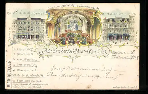 Lithographie Berlin, Aschinger`s Bier-Quelle, Friedrichstrasse 151, Münchener Hofbräuhaus, Leipzigerstr. 85