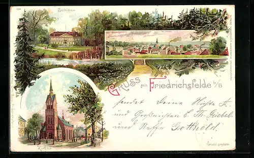 Lithographie Berlin-Friedrichsfelde b. B., Panorama, Schloss, Kirche