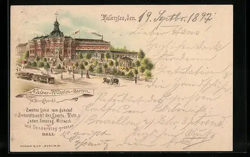 Lithographie Berlin-Halensee, Gasthaus Kaiser-Wilhelm-Garten, Bes. M. Burghardt