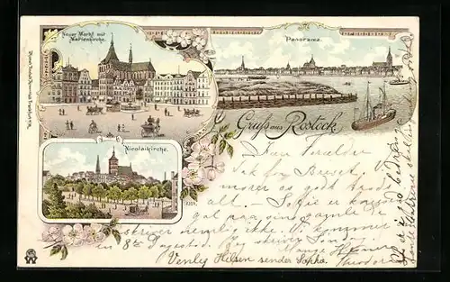 Lithographie Rostock, Panoramablick, Neuer Markt mit Marienkirche, Nicolaikirche