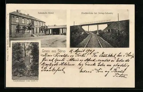 AK Sörup, Bahnhofs-Hotel, Gedenktafel von 1870-71, Hochbrücke