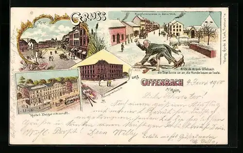 Lithographie Offenbach / Main, Hotel Degenhardt, Kunstgewerbeschule, Frankfurtstr. im Jahre 1836