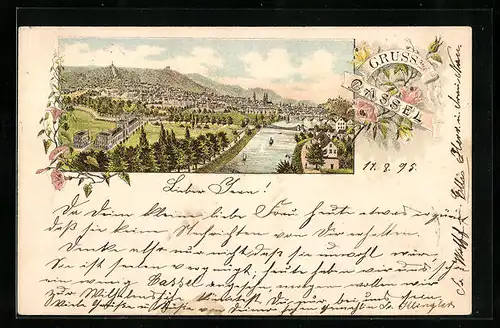Vorläufer-Lithographie Cassel, 1895, Panorama der Stadt