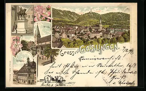 Lithographie Geislingen, Kirche, Rathaus, Totalansicht