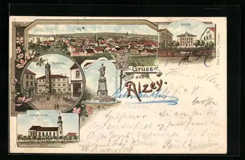 Lithographie Alzey, Kriegerdenkmal, Seminar und Rathaus