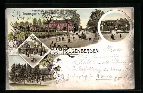 Lithographie Rugenbergen, C. H. Reumanns Gasthof mit Strasse und Garten