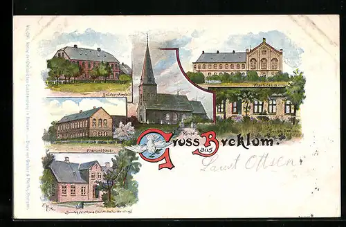 Lithographie Breklum, Brüder-Anstalt, Martineum, Kirche
