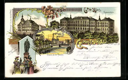 Lithographie Crimmitschau, Rathaus, Knabenschule, Partie an der Pleisse