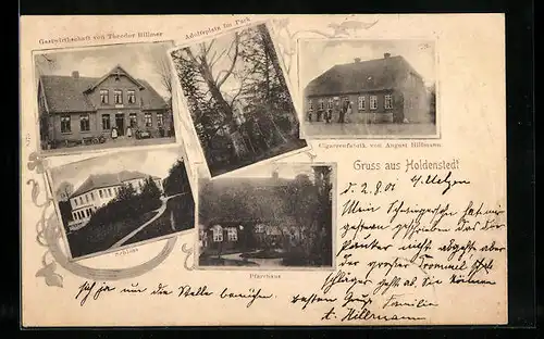 AK Holdenstedt, Gasthaus von Theodor Hillmer, Zigarrenfabrik von August Hillmann, Adolfsplatz im Park