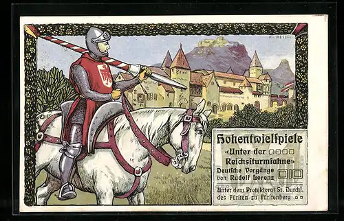 Lithographie Singen, Hohentwielspiele Unter der Reichsturmfahne, Lanzenreiter an der Burg