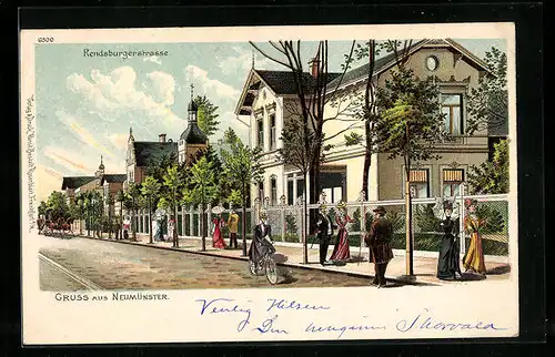 Lithographie Neumünster, Rendsburgerstrasse mit Radfahrerin