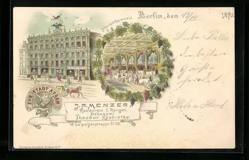 Lithographie Berlin, J. F. Menzer Restaurant I. Ranges, Leipzigerstrasse 31-32