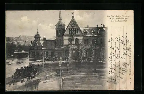 AK Flensburg, der Staatsbahnhof während der Sturmflut 1904