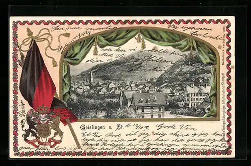 Passepartout-Lithographie Geislingen a. St., Teilansicht im Vorhang-Rahmen, Wappen und Fahne