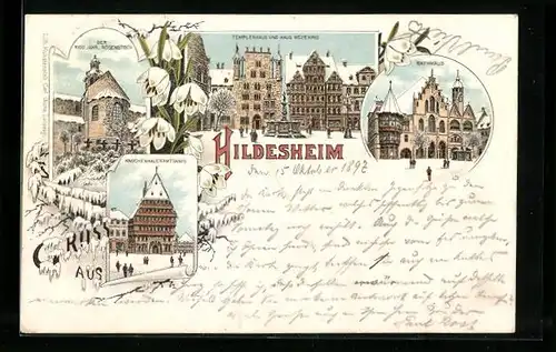 Winter-Lithographie Hildesheim, Rathaus, Knochenhaueramtshaus, Templerhaus und Haus Wedekind