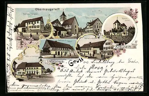 Lithographie Oberhaugstett, Gasthaus zum Löwen, Kloster-Kirche, Gasthaus zur Krone, Rath- u. Schulhaus