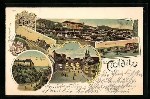 Lithographie Colditz, Totalansicht, Bahnhof, Marktplatz & Königl. Sächs. Irrenanstalt