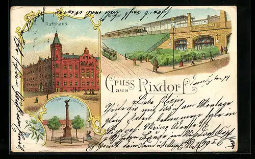 Lithographie Berlin-Rixdorf, Rathhaus, Kriegerdenkmal, Bahnhof