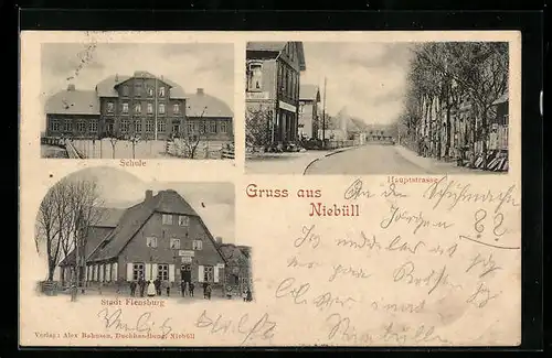 AK Niebüll, Gasthof Stadt Flensburg, Schule, Hauptstrasse