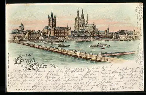 Lithographie Köln, Ortsansicht mit Dom und Pontonbrücke, Halt gegen das Licht