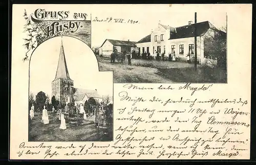 AK Husby, Bahnhofs-Hotel, Kirche mit Friedhof