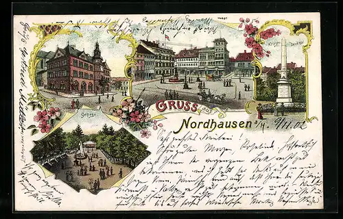Lithographie Nordhausen, Rathaus, Kornmarkt, Krieger-Denkmal, Gehege