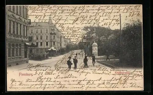 AK Flensburg, Kinder auf der Knuthstrasse, Litfassäule