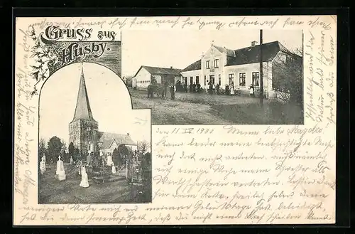 AK Husby, Bahnhofshotel, Kirche mit Friedhof