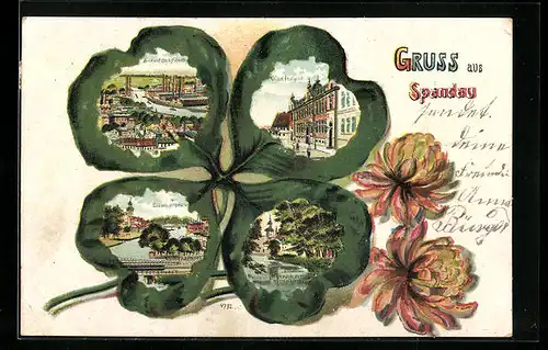 Passepartout-Lithographie Berlin-Spandau, Kgl. Institut, Kaiserl. Postamt, Eisenbahnbrücke, Kleeblatt