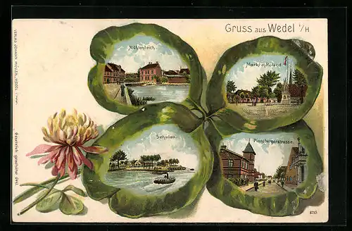 Passepartout-Lithographie Wedel i. H., Markt mit Roland, Pinnebergerstrasse, Mühlenteich, Kleeblatt