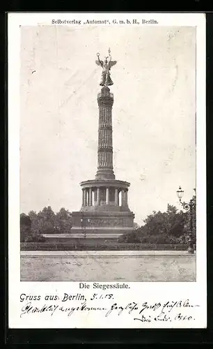 AK Berlin, Ansicht der Siegessäule, rückseitig Automat-Restaurant Jasmatzi, Friedrichstr. und Leipzigerstr.