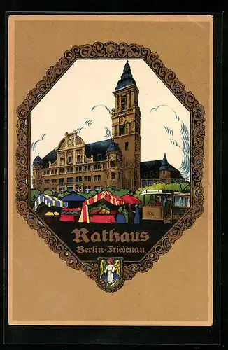 Passepartout-Lithographie Berlin-Friedenau, Markt am Rathaus und Strassenbahn, Wappen