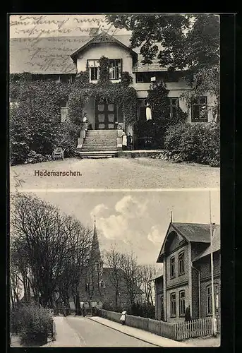 AK Hademarschen, Eingang zum Gutshaus, Strassenpartie mit Kirche