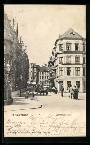 AK Flensburg, Schiffbrückstrasse mit Sommers Hotel