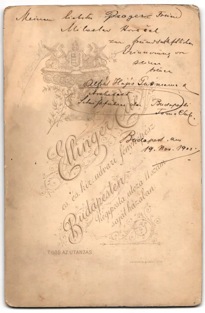 Fotografie Ellinger Ede, Budapest, Alfréd Hajós, Olympiasieger 1896, Fussballspieler und Trainer, Architekt, Autograph 1