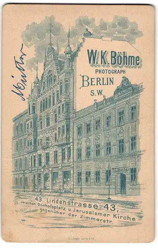 Fotografie W. K. Böhme, Berlin, Lindenstrasse 43, Ansicht Berlin, Fassade des Fotoateliers in der Lindenstrasse