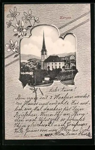 AK Horgen, Teilansicht mit Kirche und Blüten-Rahmen