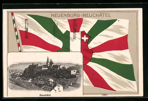 AK Neuchâtel, Ortsansicht mit Flagge