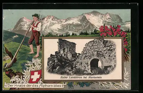 Präge-AK Mariastein, Ruine Landskron und der Knabe der das Alphorn blies