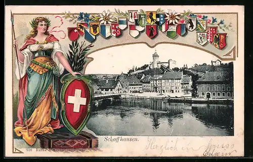 Passepartout-Lithographie Schaffhausen, Teilansicht, Helvetia mit Wappen