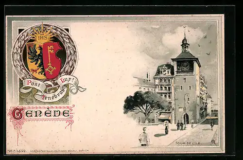 Künstler-AK Genève, Tour de l`Ile, Stadtwappen