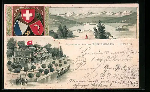 Präge-Lithographie Zürich, Restaurant Kasino Zürichhorn von K. Keller, Panorama, Wappen